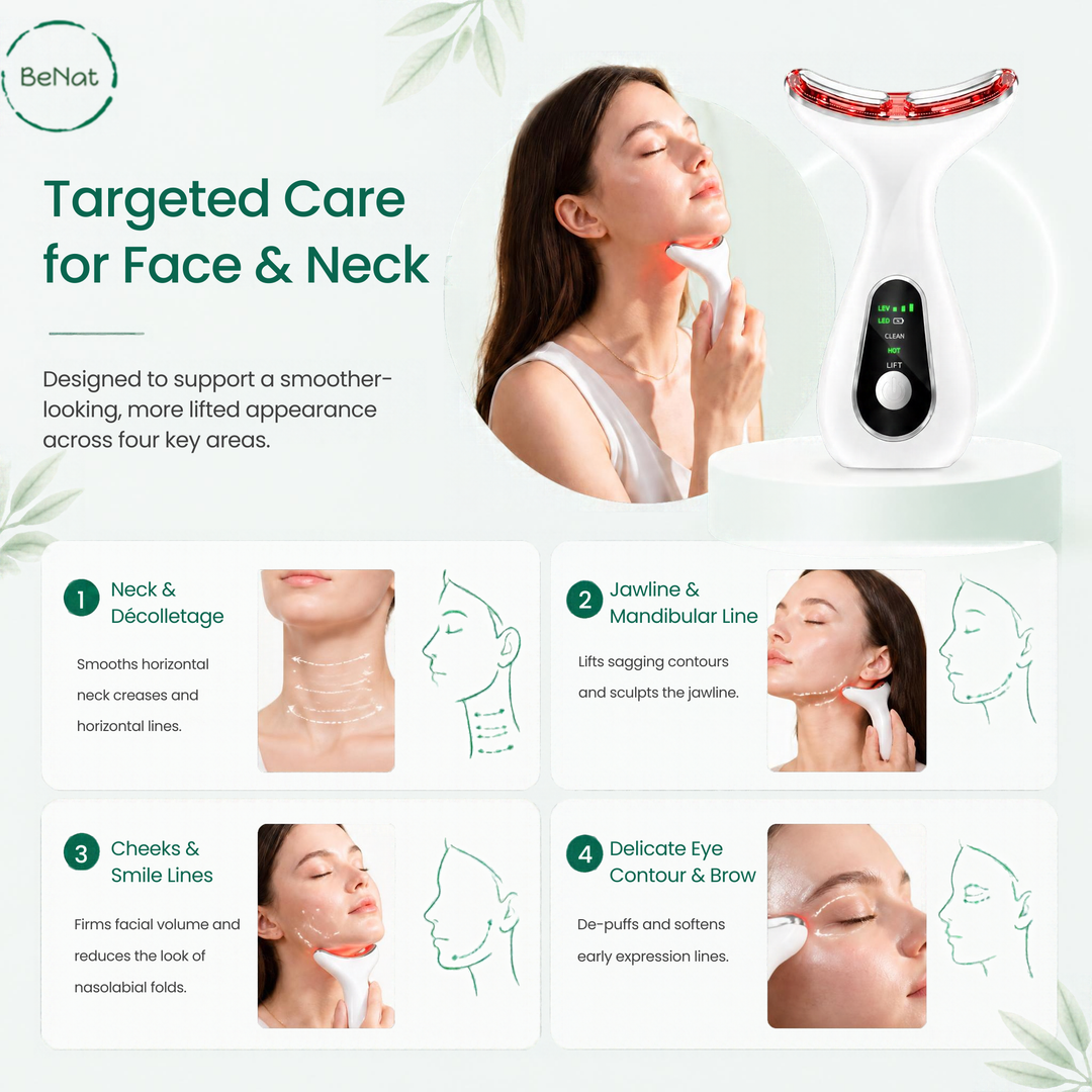 White face and neck LED sculpting device with red light bar and illuminated settings panel