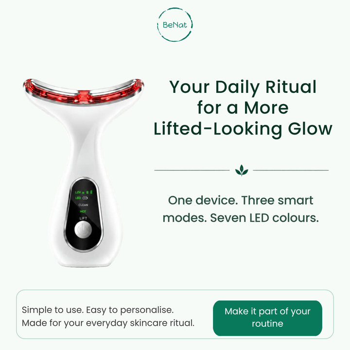 White face and neck LED sculpting device with red light bar and black display