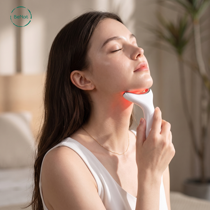 White face and neck LED sculpting device being used on a woman’s chin and neck
