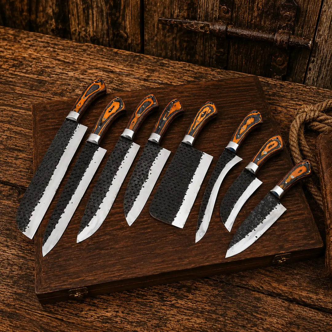 8-piece carbon steel kitchen knife set with wooden handles, 8 knives
