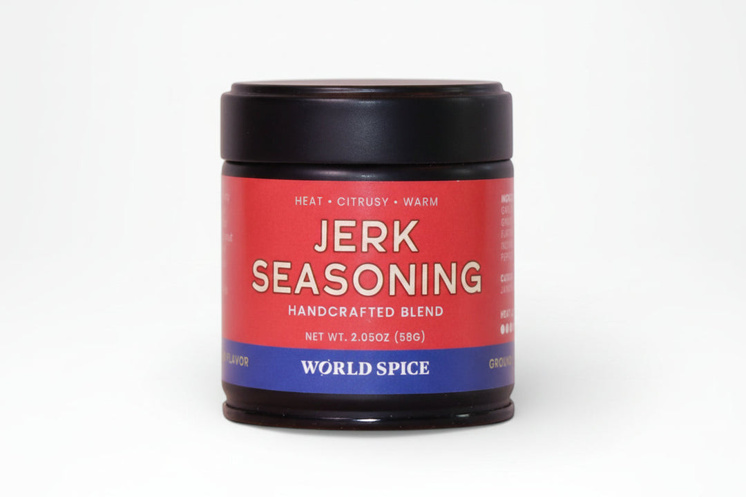 Jerk seasoning jar with black lid and red label, world spice blend