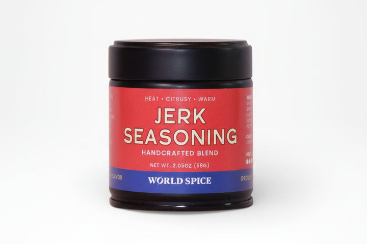 Jerk seasoning jar with black lid and red label, world spice blend