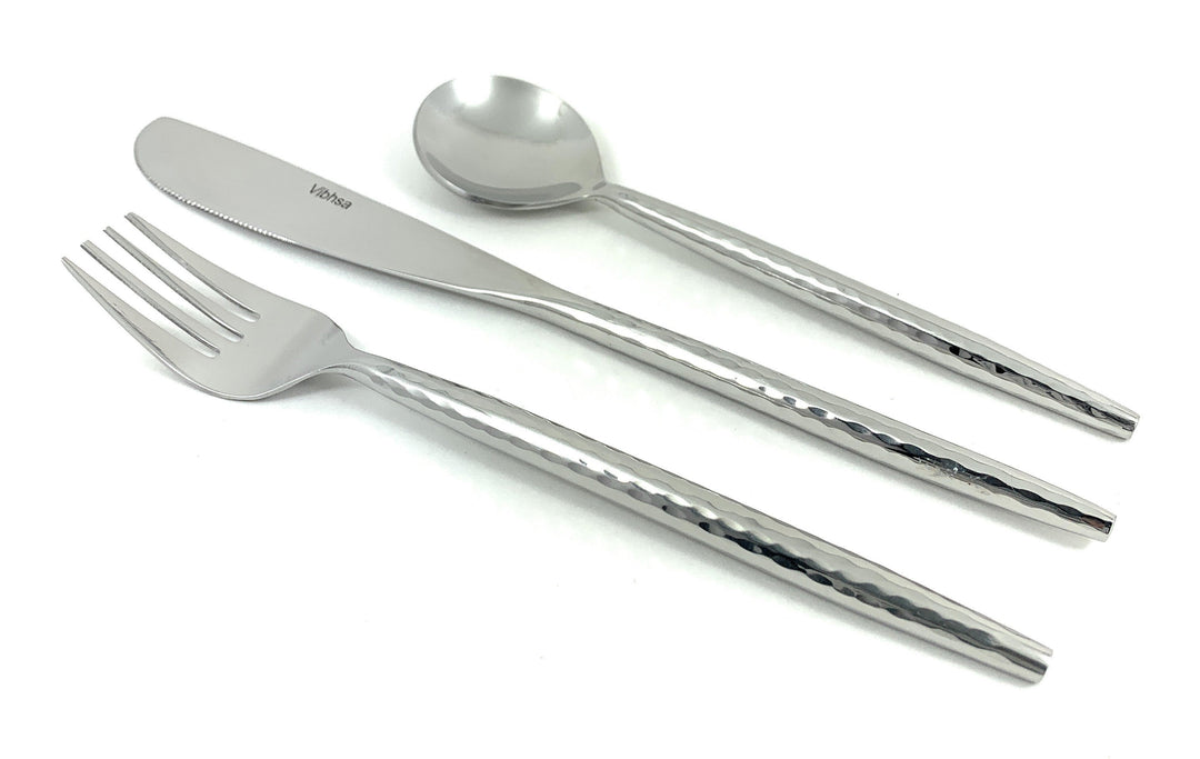 Vibhsa stainless steel tableware set with fork, knife, and spoon, hammered handles