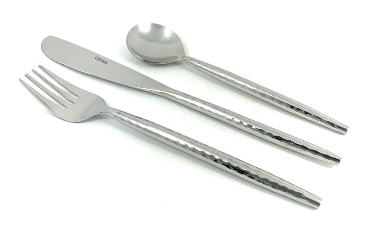 Vibhsa stainless steel tableware set with fork, knife, and spoon, hammered handles