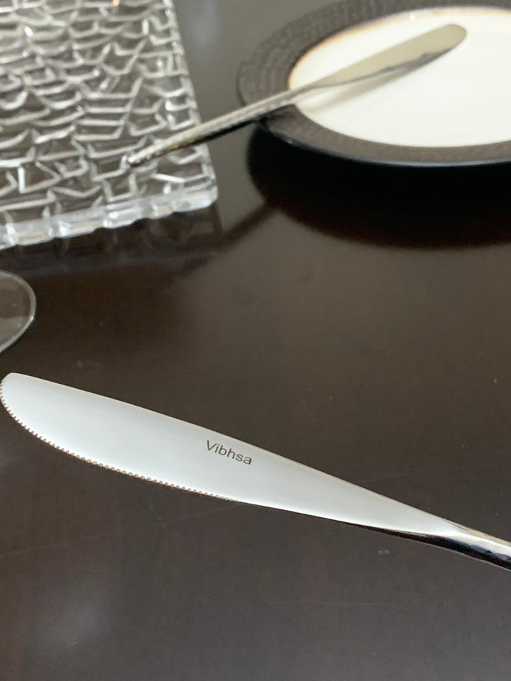 Vibhsa stainless steel dinner knife with serrated edge beside plates