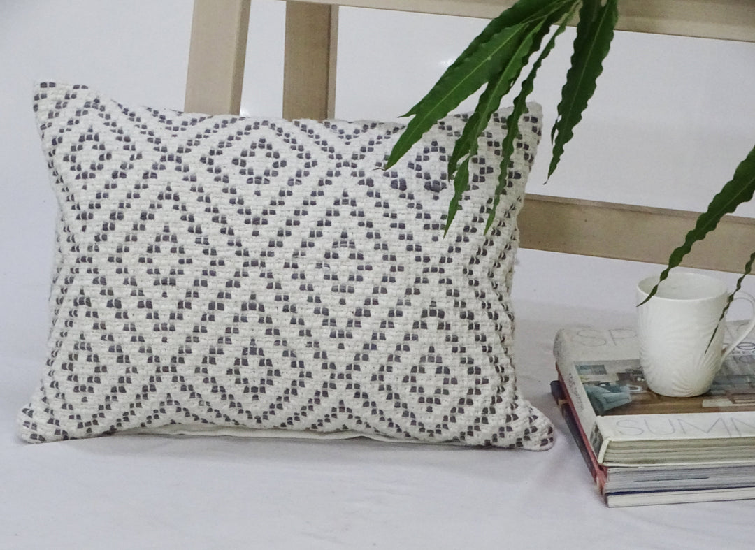 Cotton throw pillow with geometric grid pattern, gray and white, 14x20 in