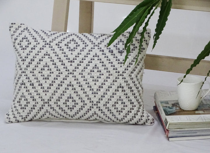 Cotton throw pillow with geometric grid pattern, gray and white, 14x20 in