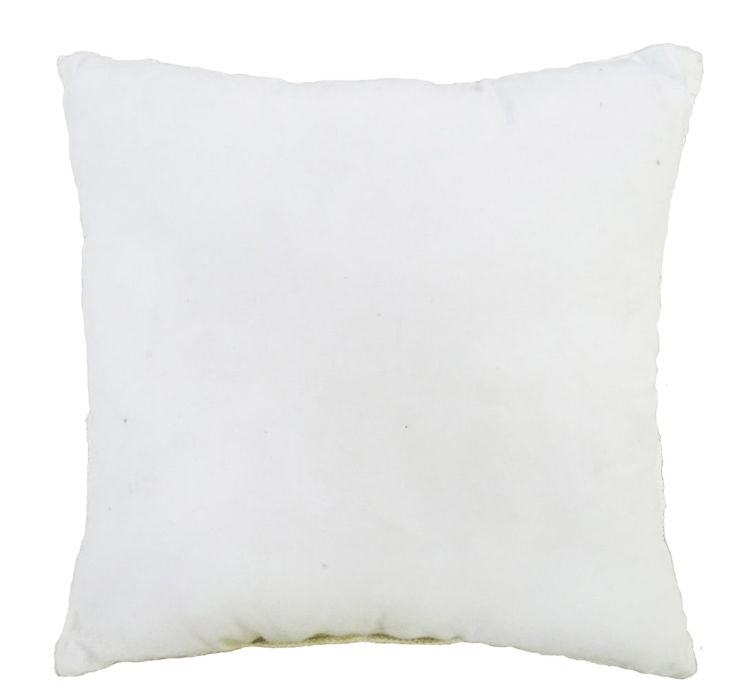White outdoor decorative pillow with smooth back panel and stitched edges