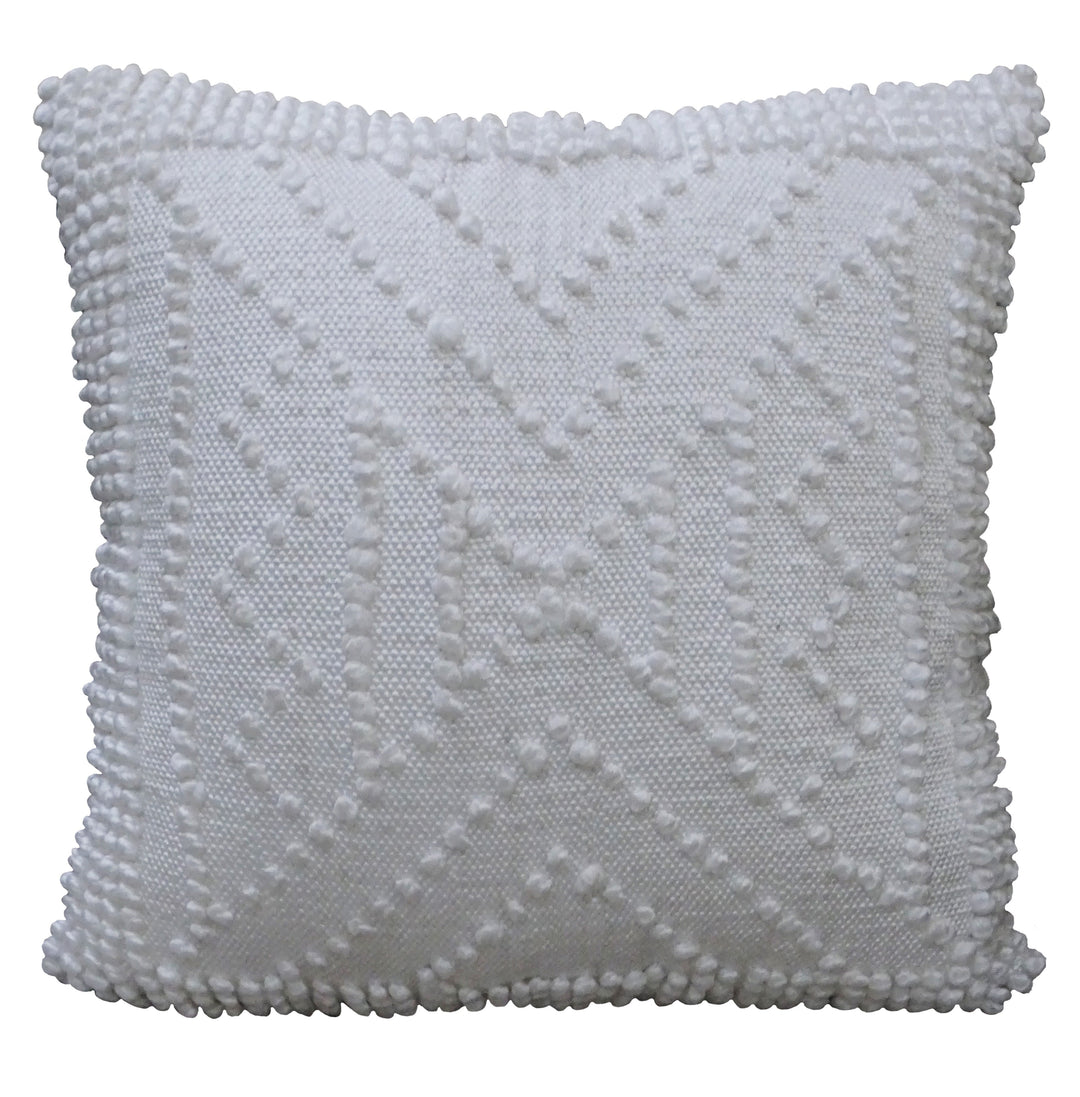 White outdoor decorative pillow with raised geometric texture and pom pom fringe