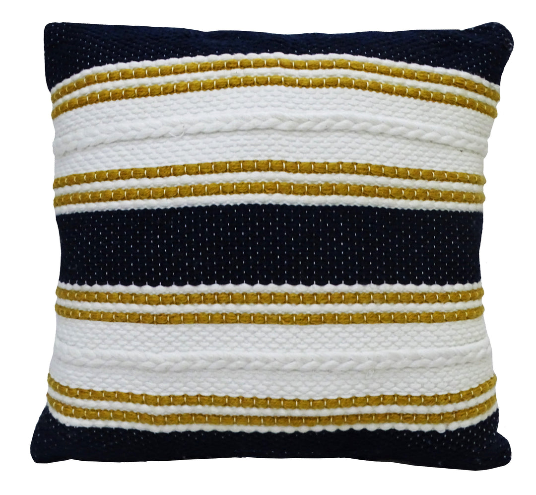 18x18 indoor/outdoor striped throw pillow with braided edge, navy and white with gold bands