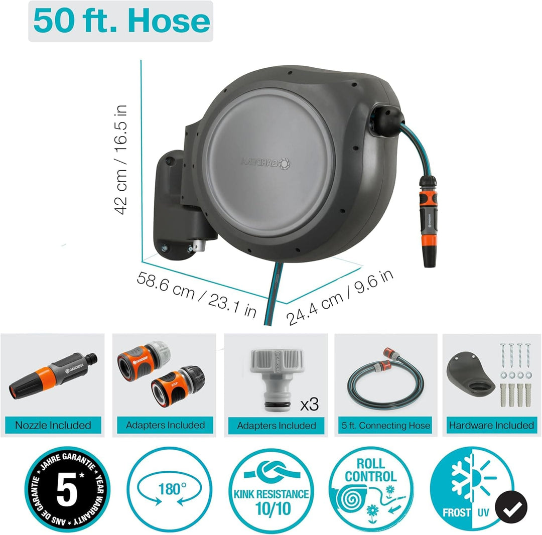 Retractable hose reel with blue hose and orange nozzle, plus compact accessory kit