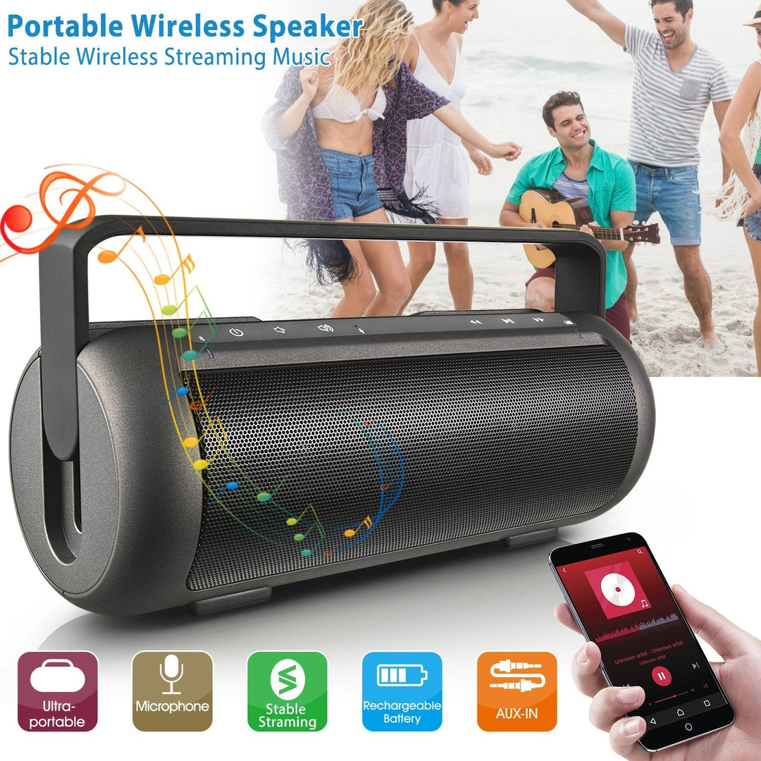 Portable wireless speaker with front grille and phone showing music app, dark gray.