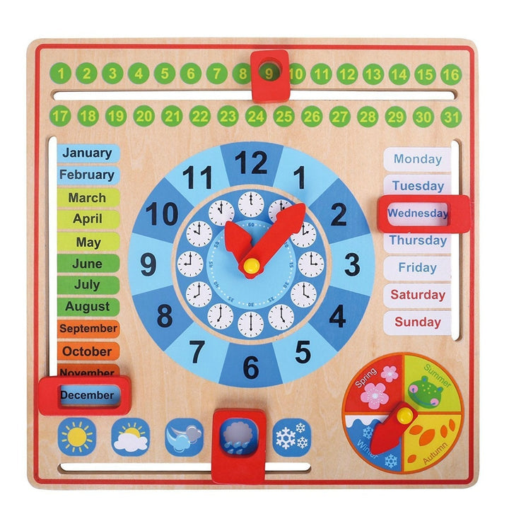 Wooden Montessori learning calendar board with circular clock face, numbers, days, and months