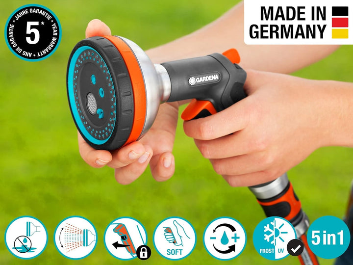 Five-pattern garden hose sprayer with orange-and-blue head and black handle