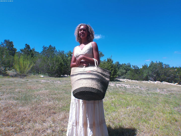 Healing Handmade Vegan Green and White Sisal Tote Basket Bag