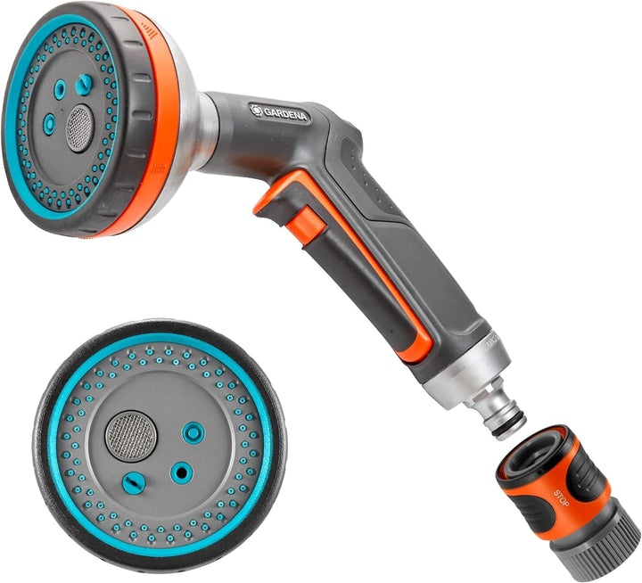 Five-pattern garden hose sprayer with blue nozzle face and orange trim, two views