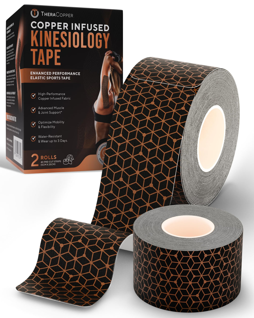Copper-infused kinesiology tape roll with precut strips, dark honeycomb pattern