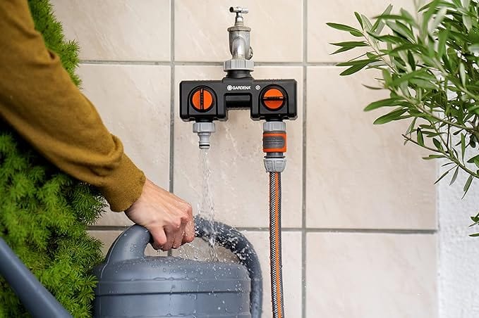 Two-way faucet adapter with two inlet hoses and orange shutoff controls