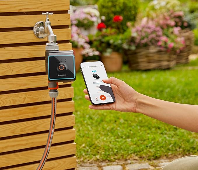 Bluetooth water control controller on outdoor faucet with smartphone app