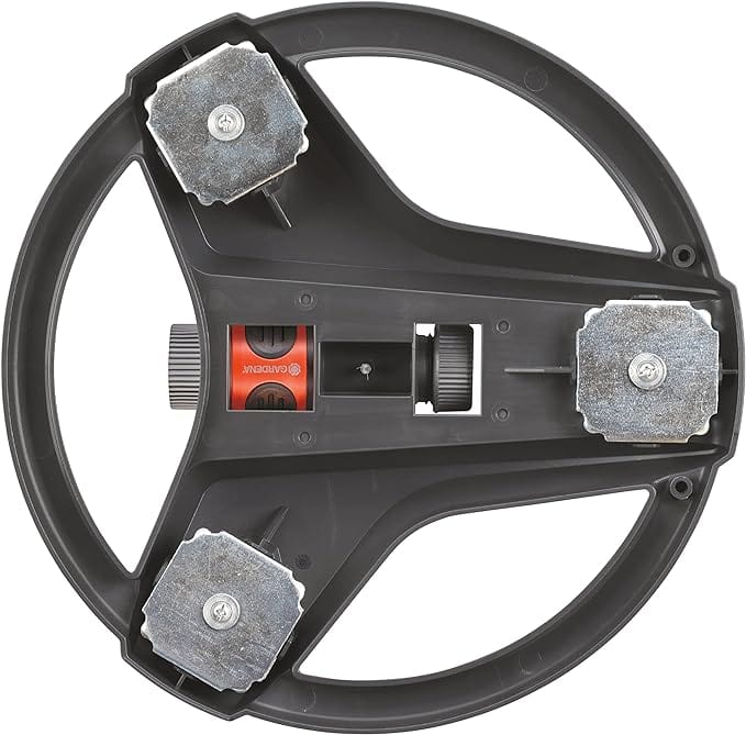 Oscillating sprinkler base wheel with metal screws and orange control knob