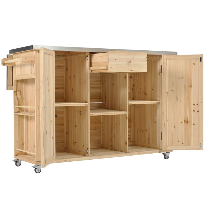 Fir Wood Kitchen Island with Stainless Steel Top