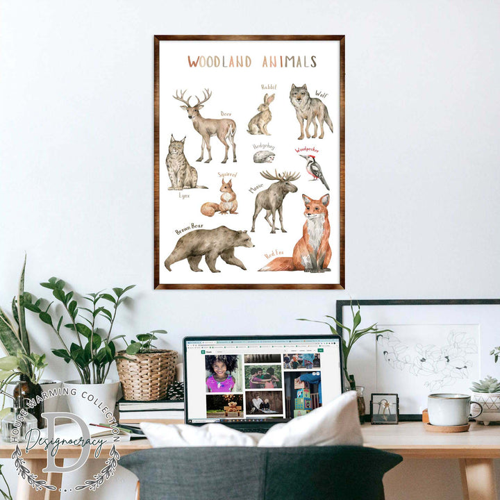 Framed woodland animals poster print showing labeled forest animals, including wolf and fox