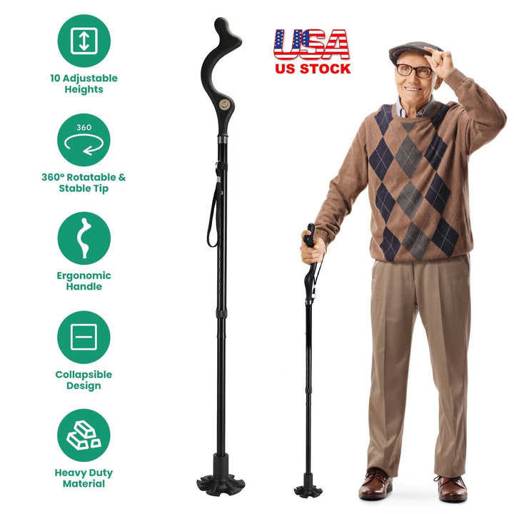 Black walking cane with curved ergonomic handle; adjustable height segments and rubber tip