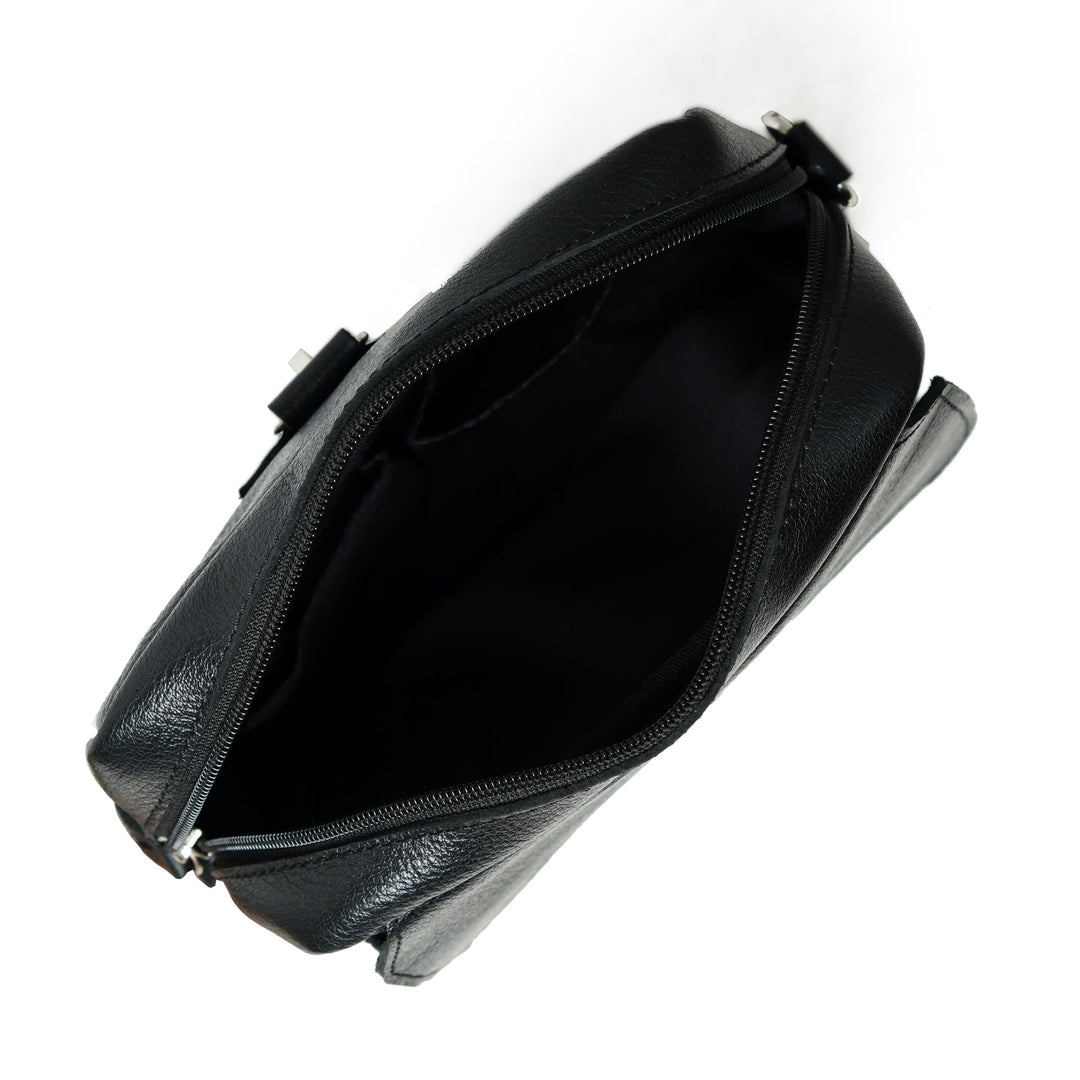 Black leather side messenger bag with zipper open and dark interior lining visible