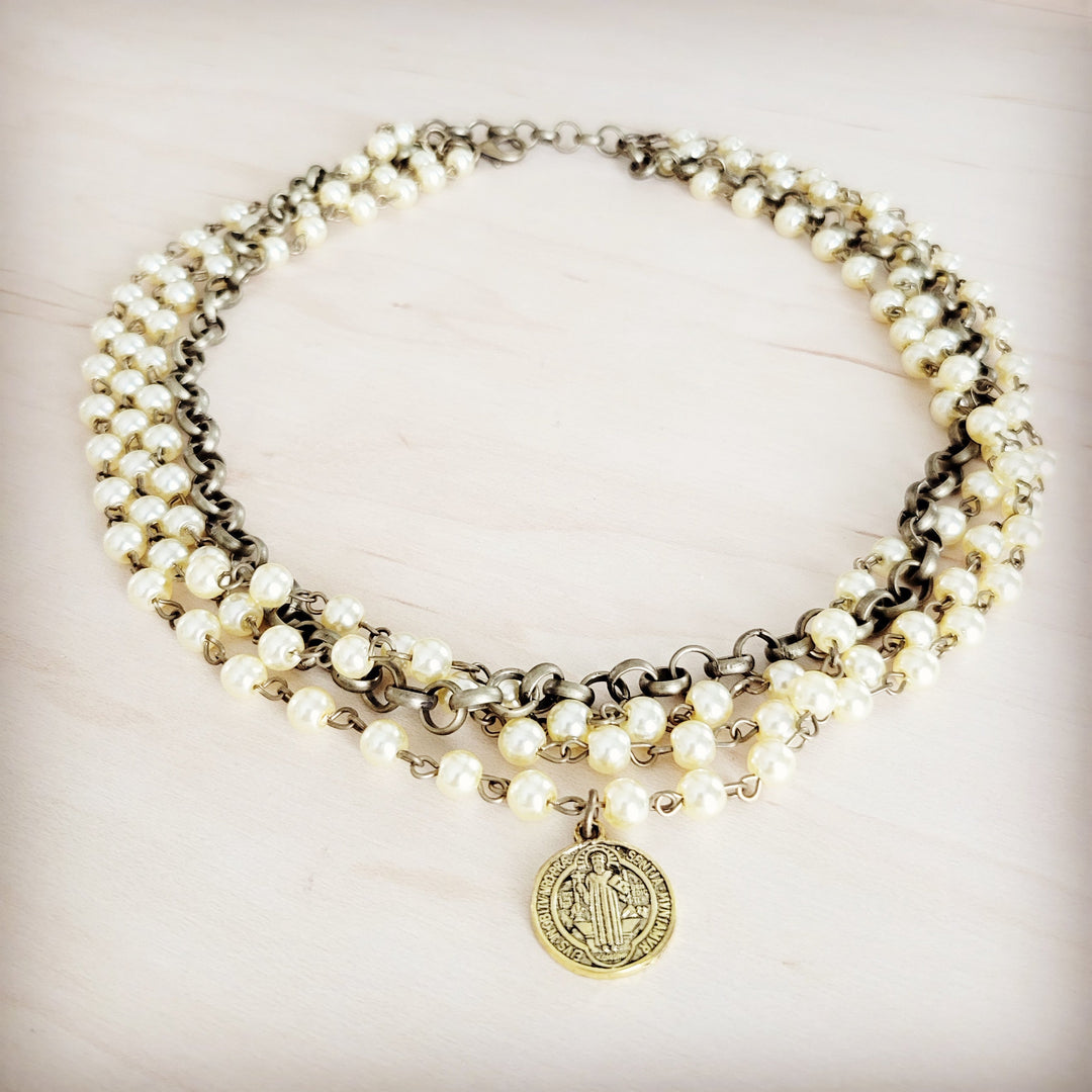 Champagne pearl beaded collar necklace with round pendant and silver-tone chain links