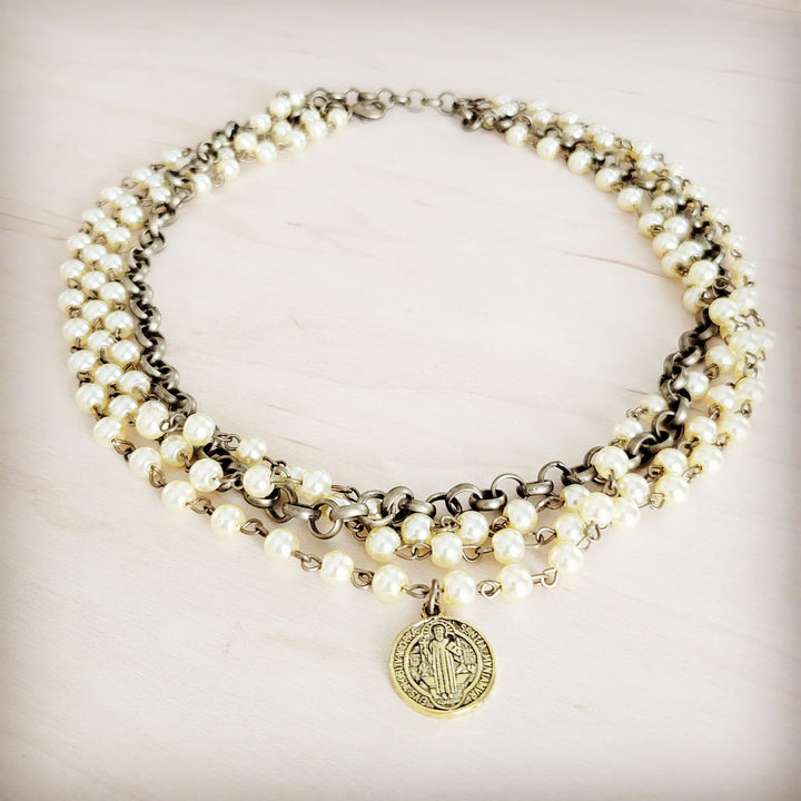 Champagne pearl beaded collar necklace with round pendant and silver-tone chain links