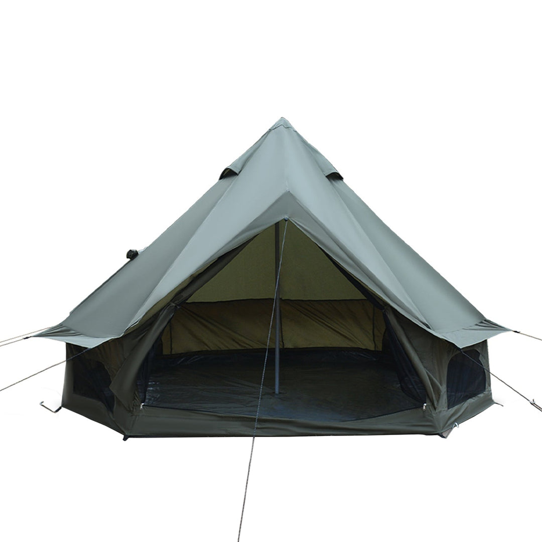 Bell camping tent with light gray outer fabric, dark interior, open front and poles