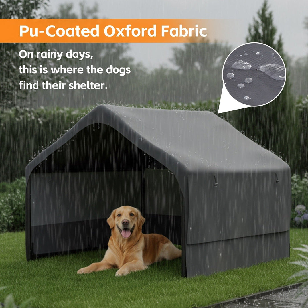 Dark outdoor dog house tent with mesh front and covered roof