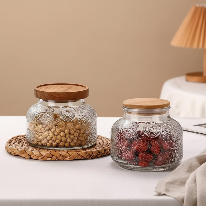Begonia Relief Glass Jar – Bamboo or Acacia Lid