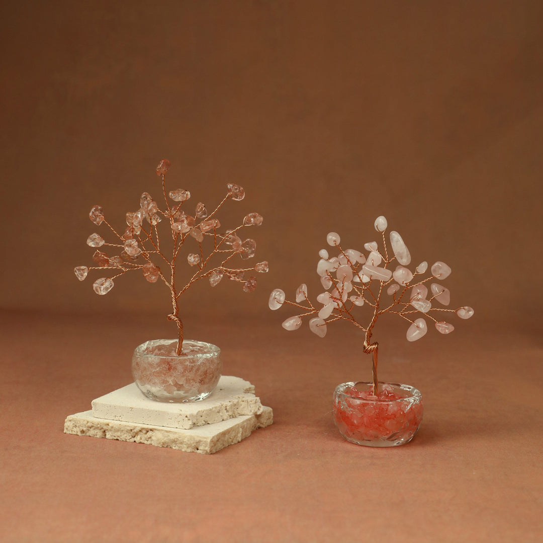 Rose and clear crystal wish tree, wire branches with gemstone beads, square stone base