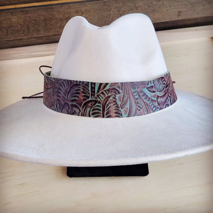 Wide genuine leather hat band with purple floral design and dark lace cords