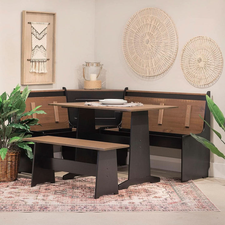 Black Pecan Five Seat Dining Set With Storage Benches