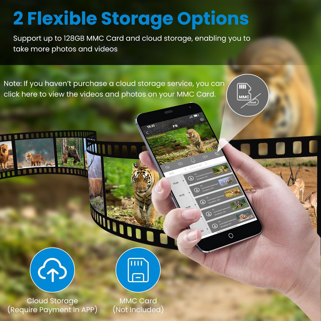 Solar trail camera app screen and MMC card storage illustration with camera film icons