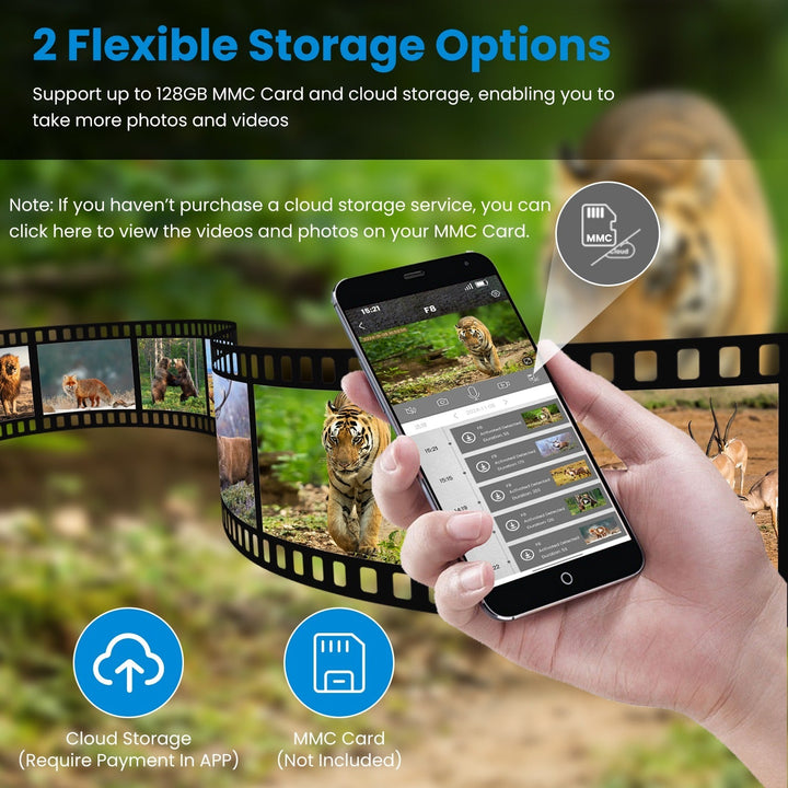 Solar trail camera app screen and MMC card storage illustration with camera film icons