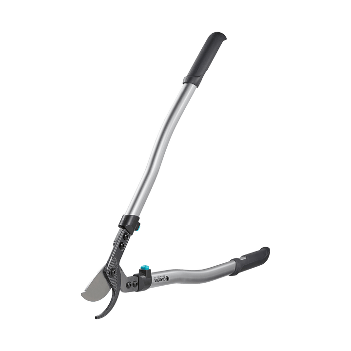 Long-reach pruning lopper with black handle grips and silver shaft