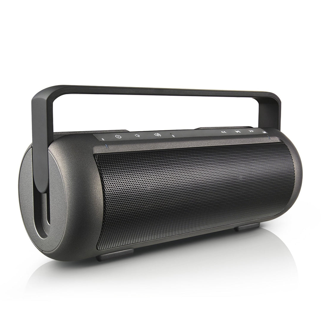 Portable wireless speaker with large front grille and side handle, dark gray.