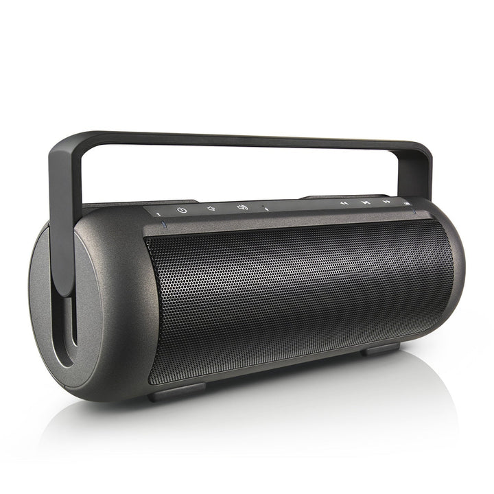 Portable wireless speaker with large front grille and side handle, dark gray.