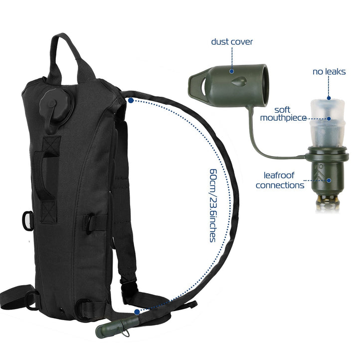 Black hydration pack with detachable mouthpiece and dust cover for the tube