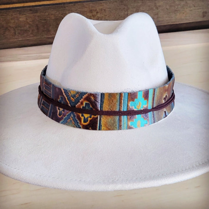 White felt hat with wide turquoise and brown genuine leather Navajo-style hat band