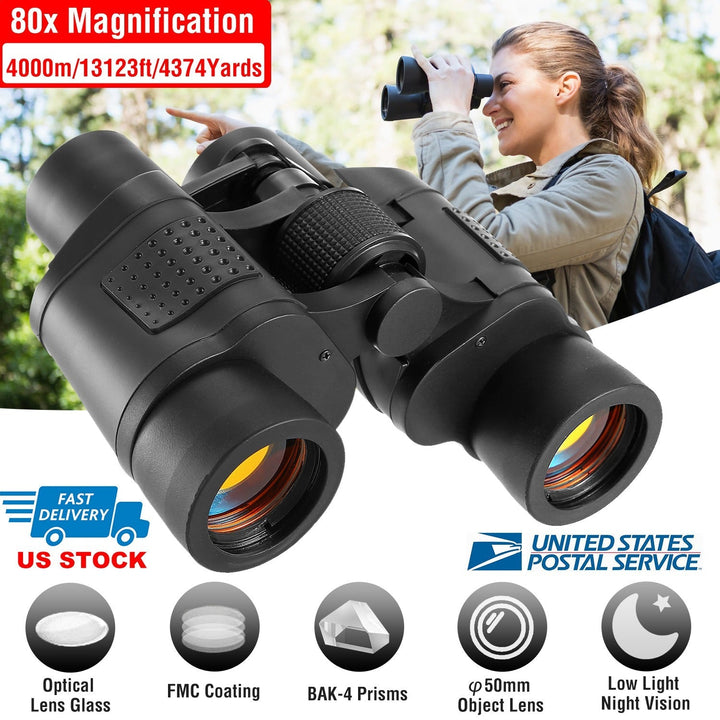 Black binoculars held to the eyes outdoors, textured grip and focus knob visible