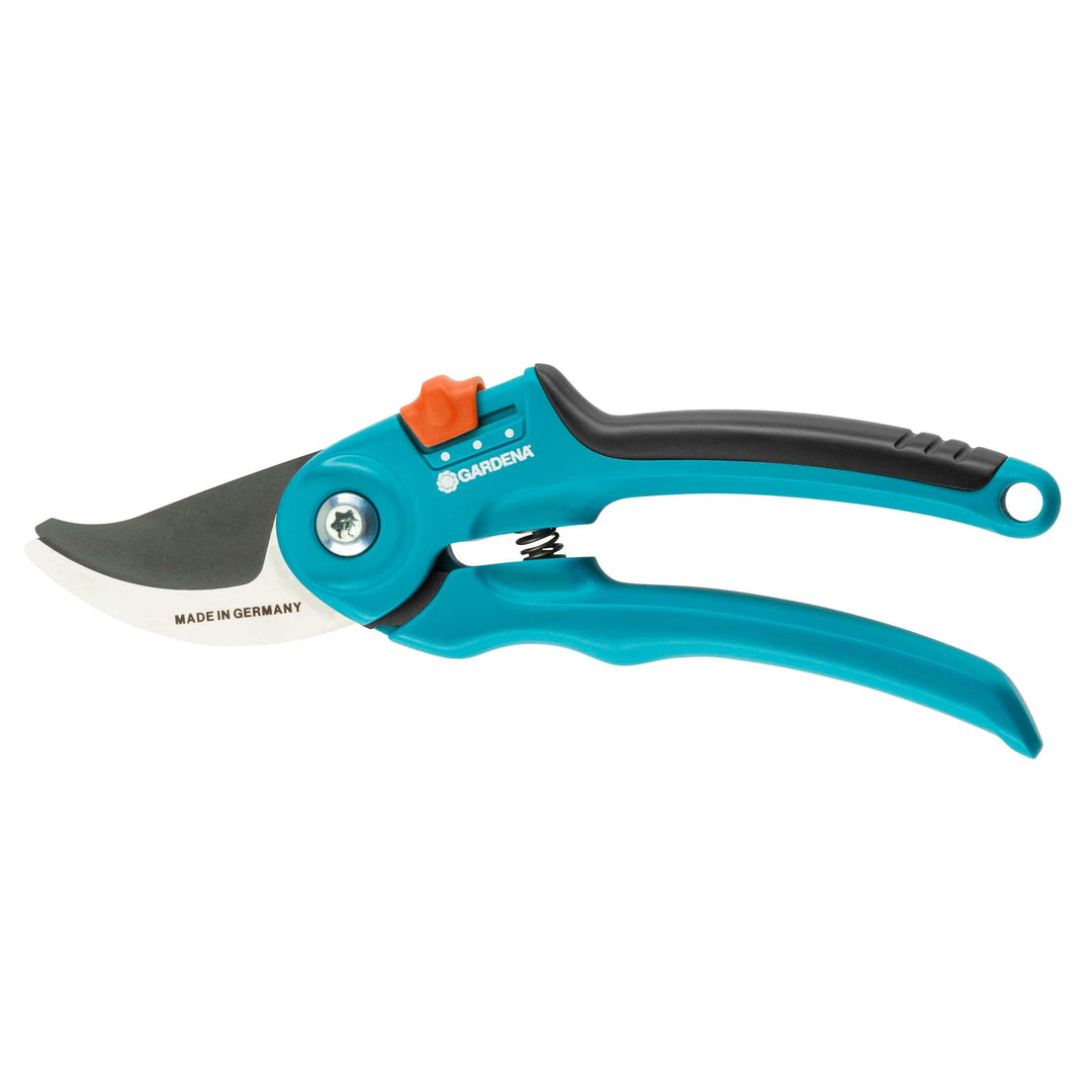 Garden hand pruners with turquoise handles, black blade, and orange safety lock