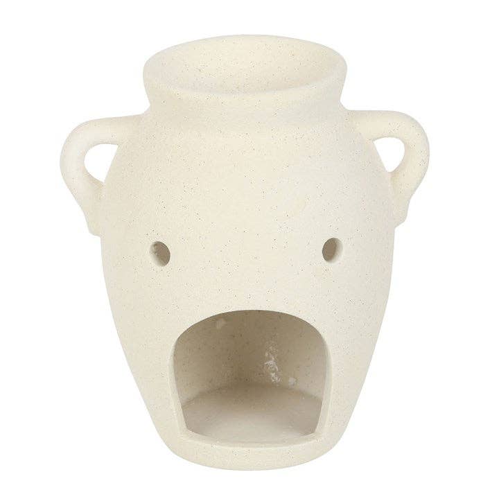Cream ceramic vase-shaped oil burner with oval front opening and side handles