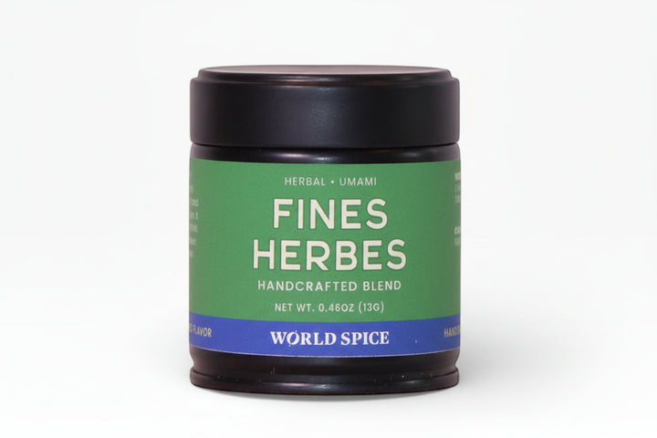 Fines Herbes herb blend jar with green label and black lid