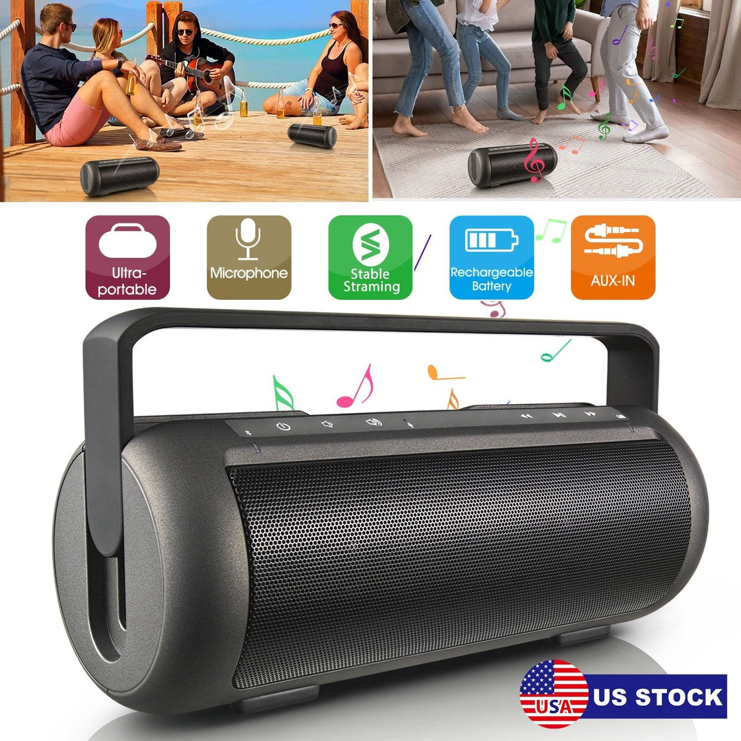 Portable wireless party speaker with front grille and carry handle, dark gray.