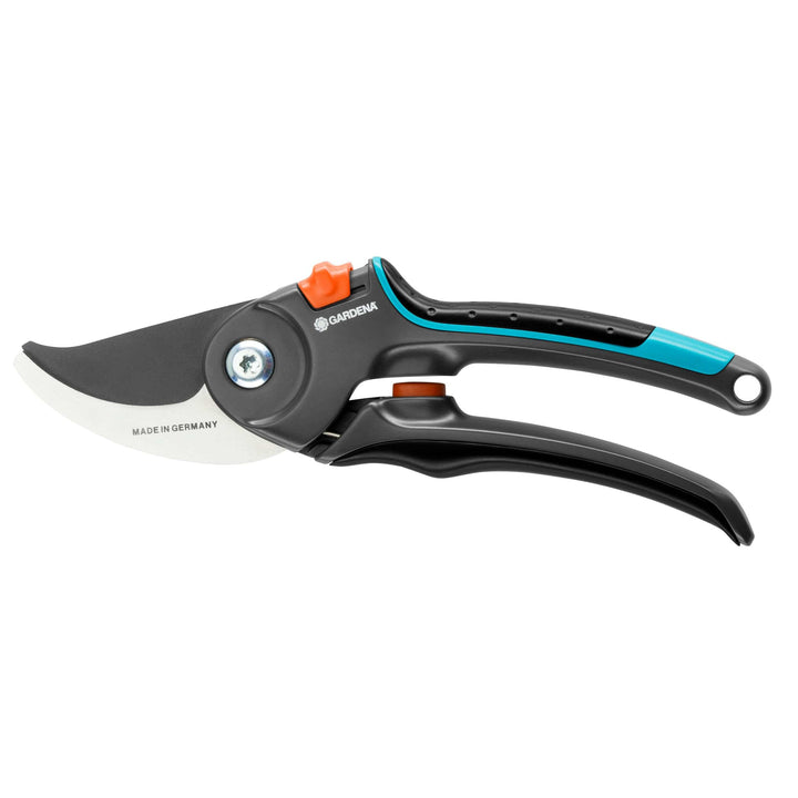 Garden secateurs with black handles, teal grip, and orange locking button