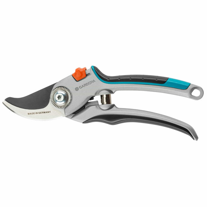 Garden secateurs with teal/black handles, silver blades, orange latch